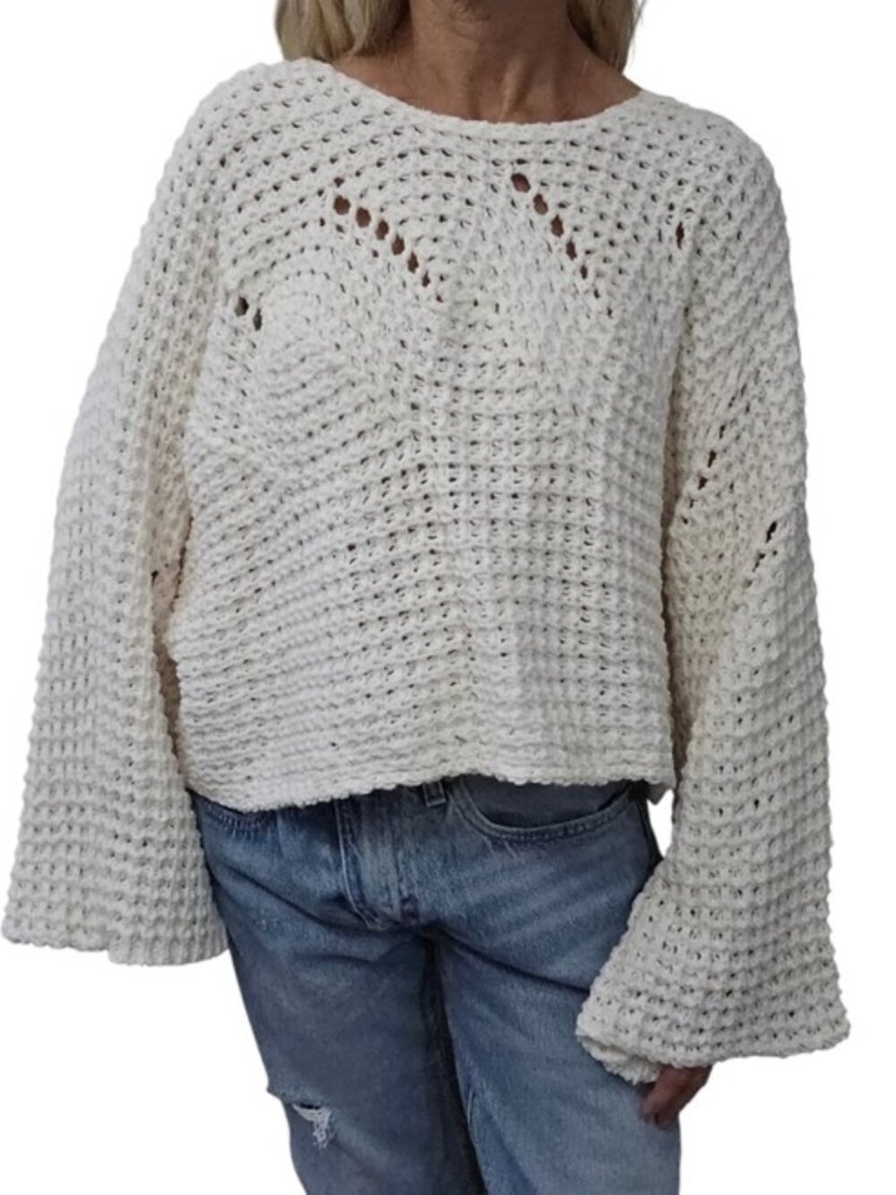 POL Crochet Sweater Cream Open Knit Cropped Bell Sleeve Boho Coastal M - Picture 2 of 9